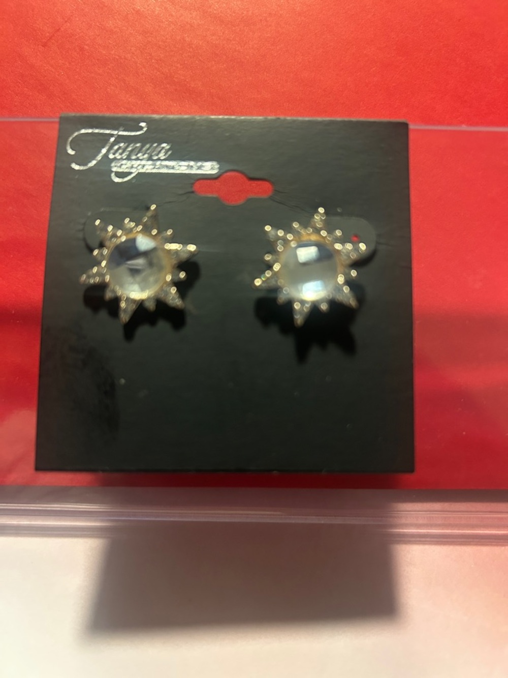 Gold Sunburst Stud Earrings with Clear Crystal Centers